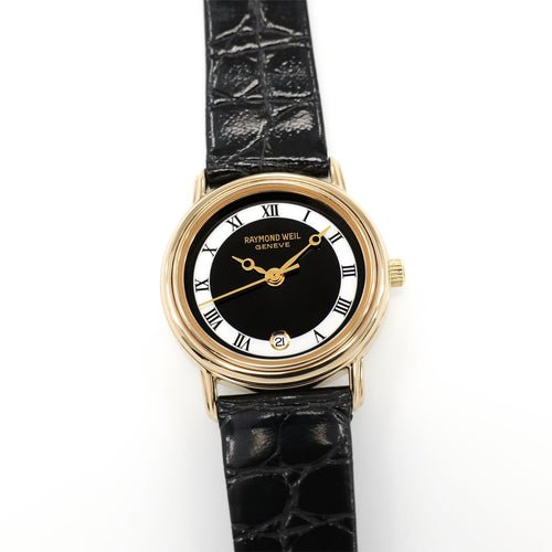 Raymond Weil Geneve 5332 Ladies 24mm Black & White Dial 18k Gold Plated Full Set