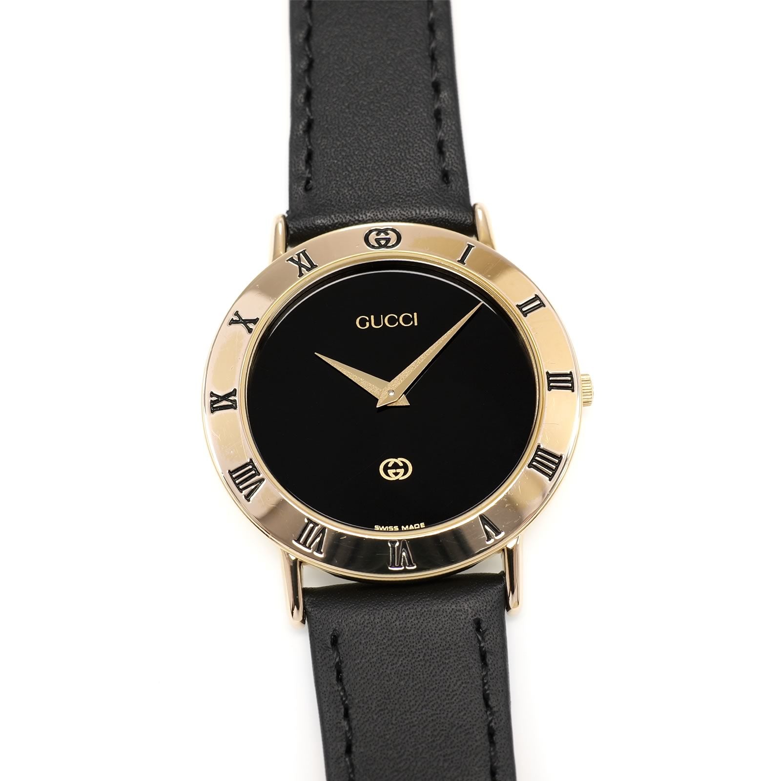 Gucci 3000M Men's 33mm Black Dial 18k Gold Plated Roman Numeral Bezel Box/Papers