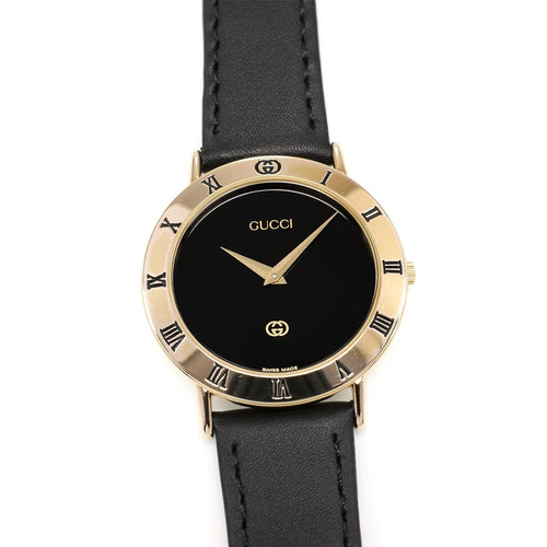 Gucci 3000M Men's 33mm Black Dial 18k Gold Plated Roman Numeral Bezel Box/Papers