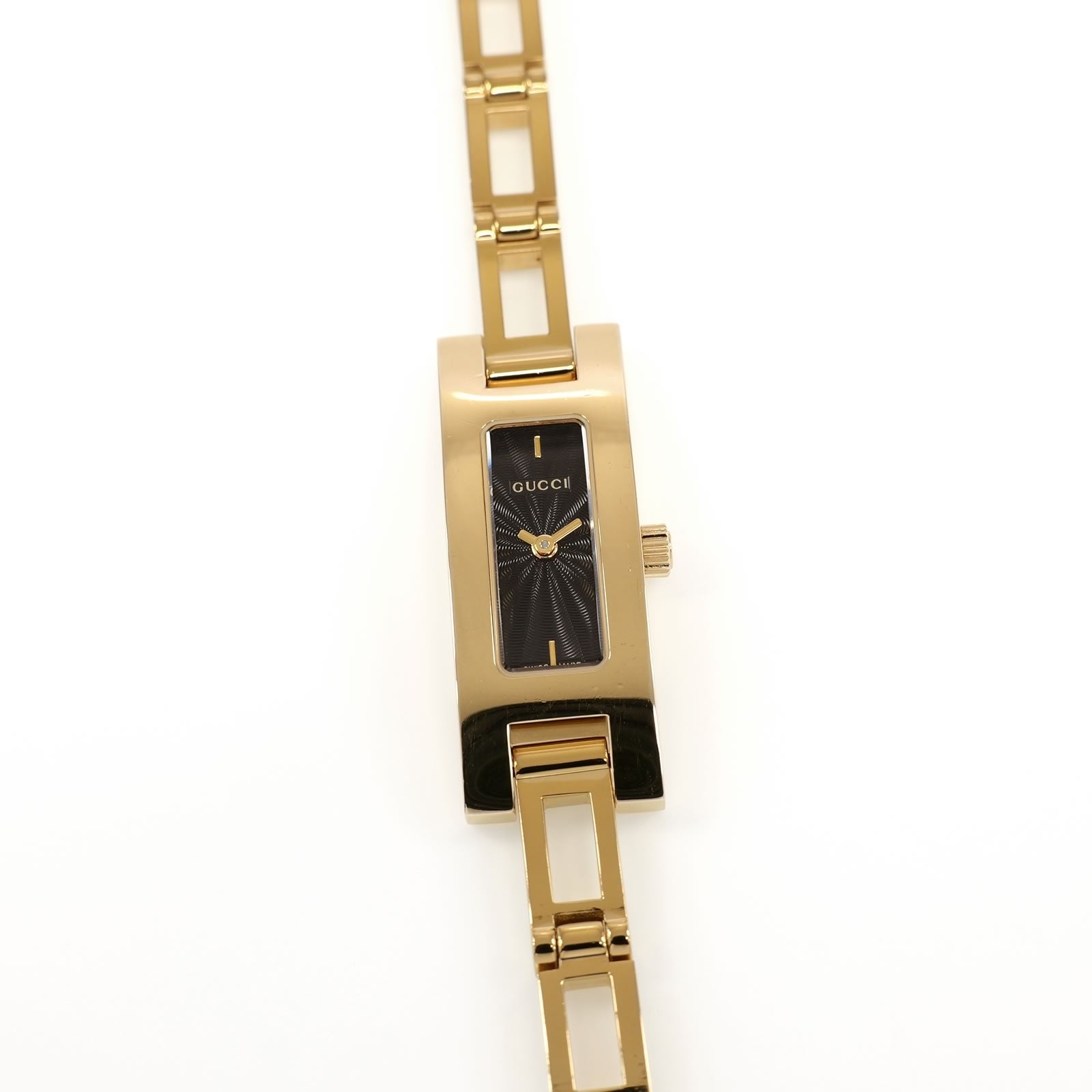 Gucci 3900L Ladies 12mm Black Guilloche Dial Gold Bracelet Watch Rectangular