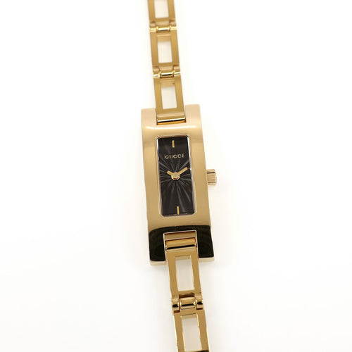 Gucci 3900L Ladies 12mm Black Guilloche Dial Gold Bracelet Watch Rectangular