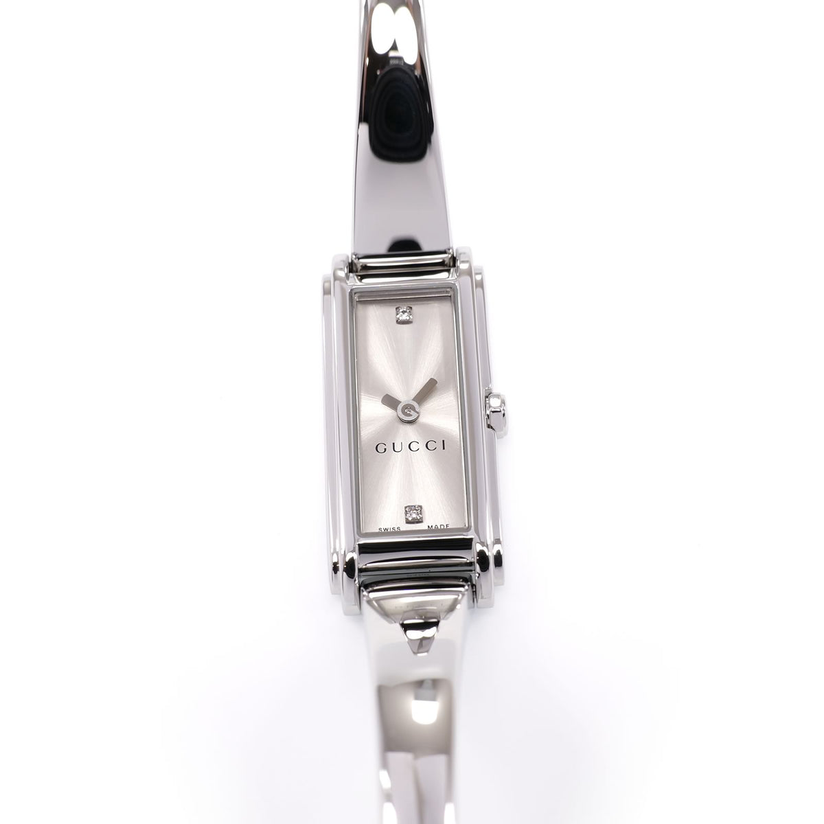Gucci G-Line 109 Ladies 14mm Silver Bangle Watch 2 Diamonds YA109519 Rectangular
