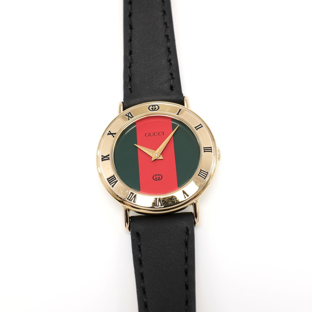 Gucci 3000L Ladies 25mm Red & Green Dial 18k Gold Plated - Roman Numeral Bezel