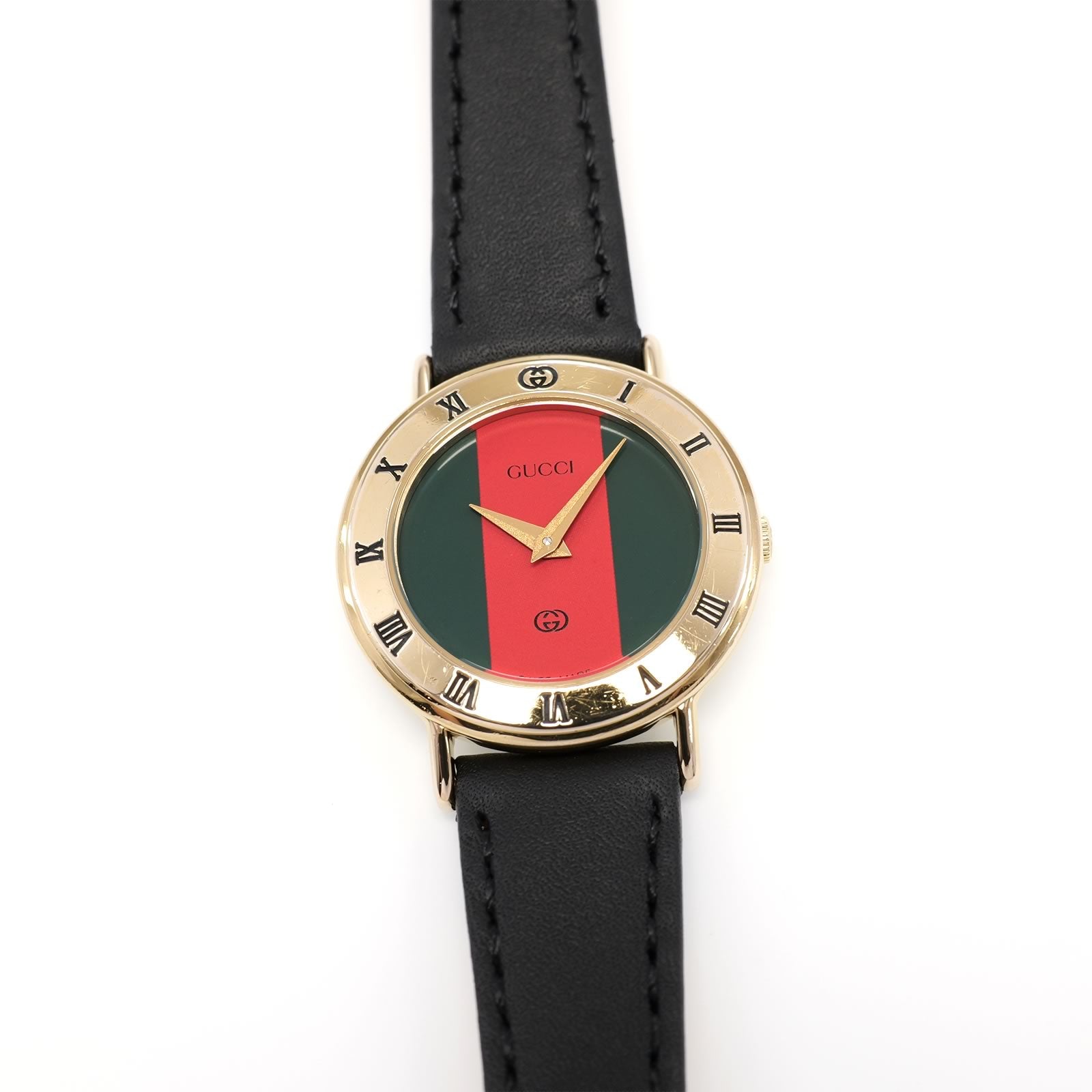 Gucci 3000L Ladies 25mm Red & Green Dial 18k Gold Plated - Roman Numeral Bezel