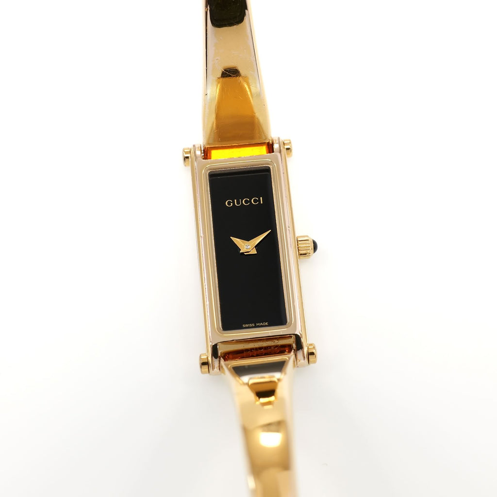 Gucci 1500L Ladies 12mm Black Rectangular Dial 18k Gold Plated 16.5cm Bangle