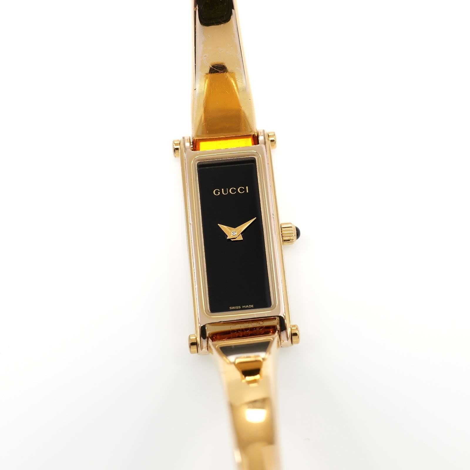Gucci 1500L Ladies 12mm Black Rectangular Dial 18k Gold Plated 16.5cm Bangle
