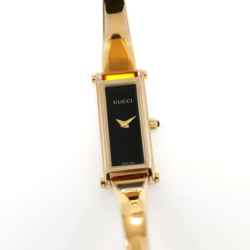 Gucci 1500L Ladies 12mm Black Rectangular Dial 18k Gold Plated 16.5cm Bangle