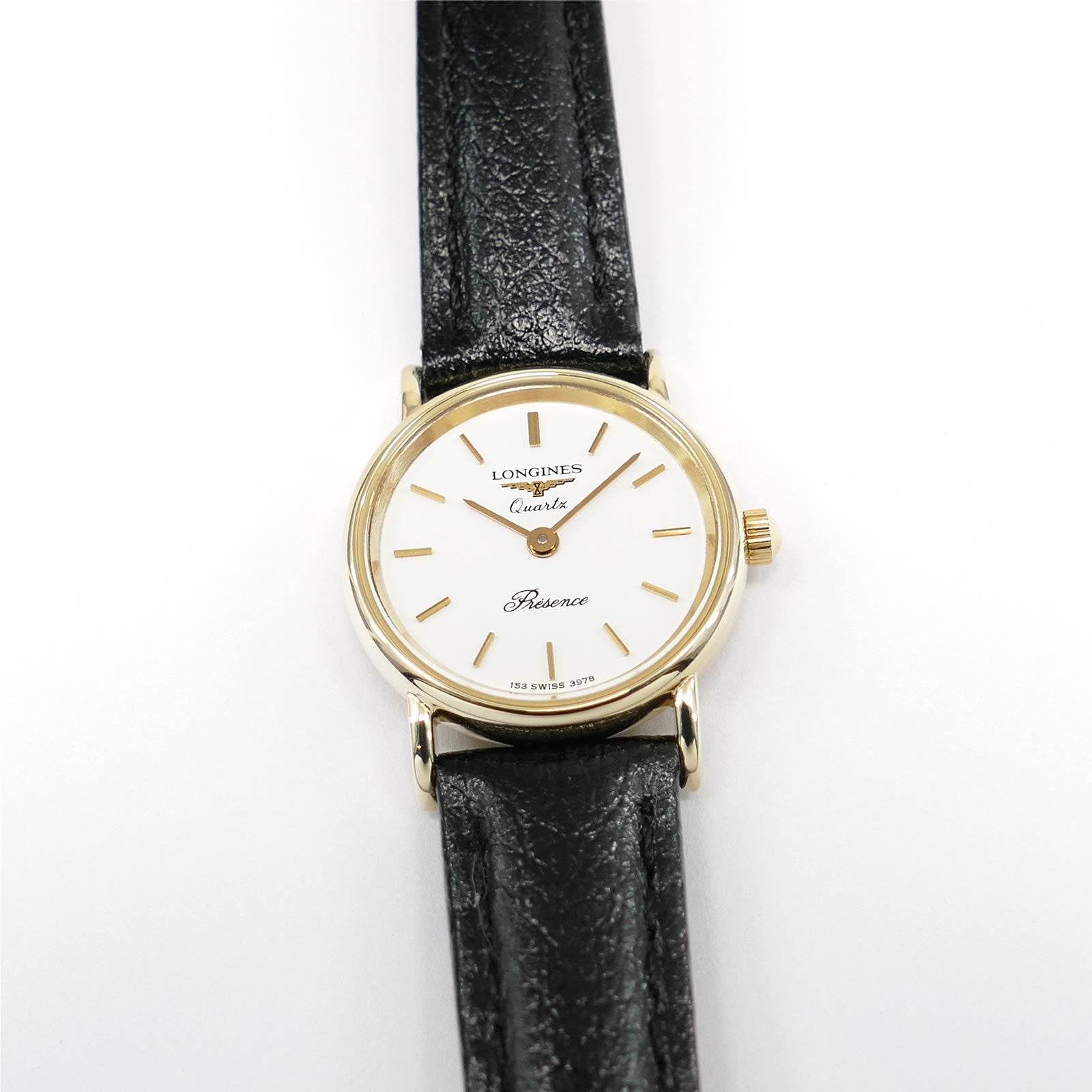 Longines Présence 9k Solid Gold Ladies 20mm White Dial Watch on Leather Strap 153.3978