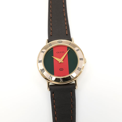 Gucci 3000L Ladies 25mm Red & Green Dial 18k Gold Plated Roman Numeral Bezel