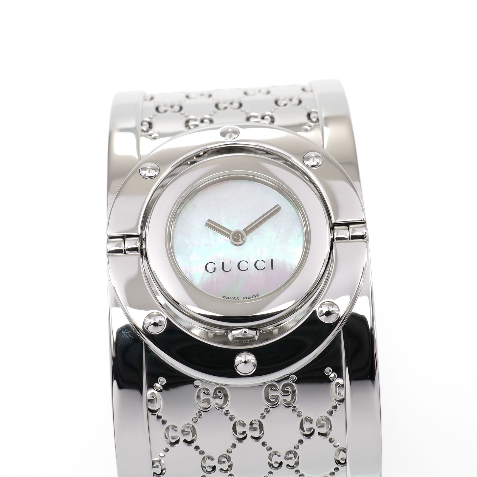 Gucci Twirl 112 Ladies 33mm White Mother of Pearl on Wide Steel Bangle YA112413