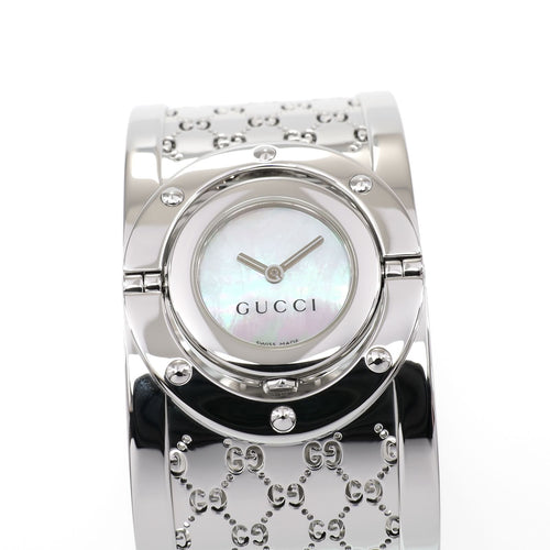 Gucci Twirl 112 Ladies 33mm White Mother of Pearl on Wide Steel Bangle YA112413