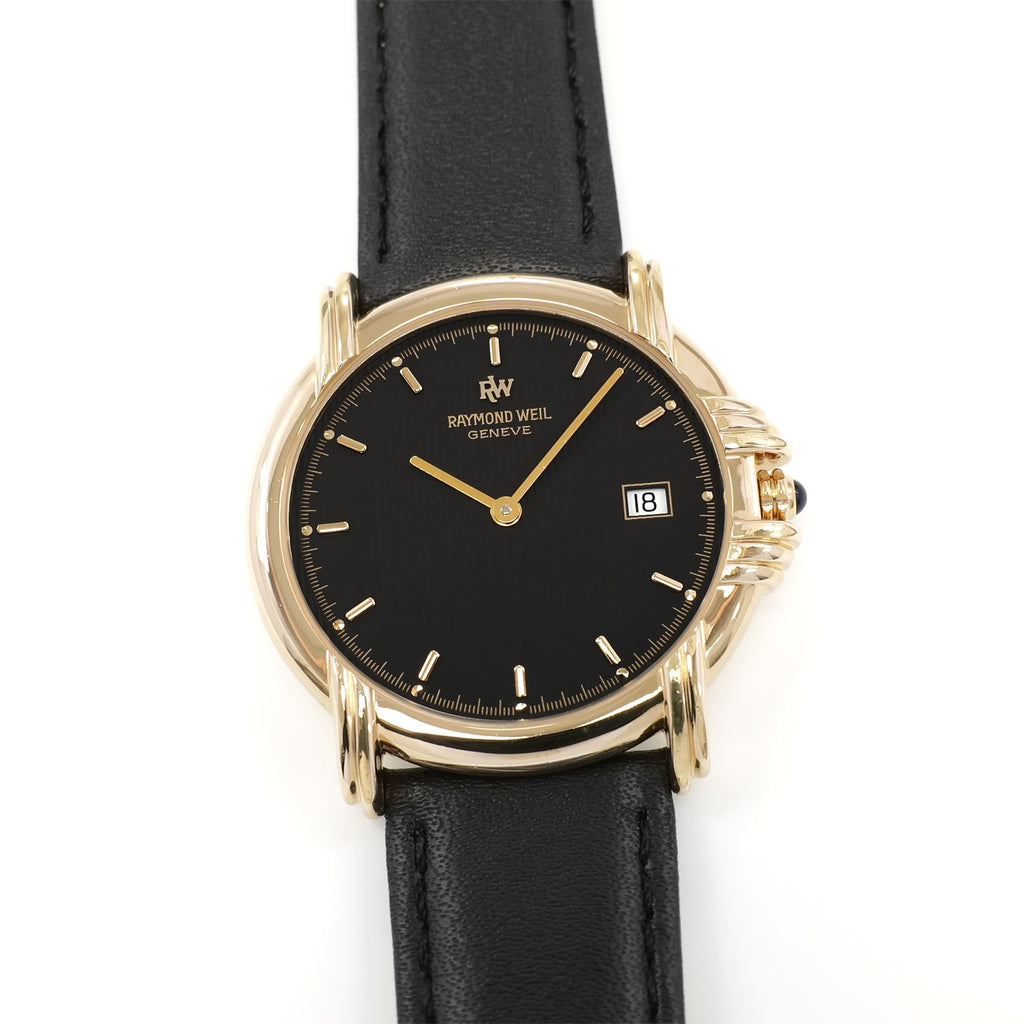 Raymond Weil Geneve 9155 Men's 34mm Black Dial 18k Gold Plated on Leather Strap