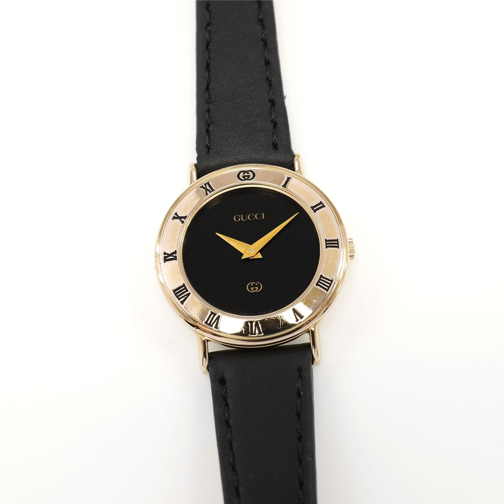 Gucci 3000L Ladies 25mm Black Dial 18k Gold Plated on Black Strap Roman Numerals