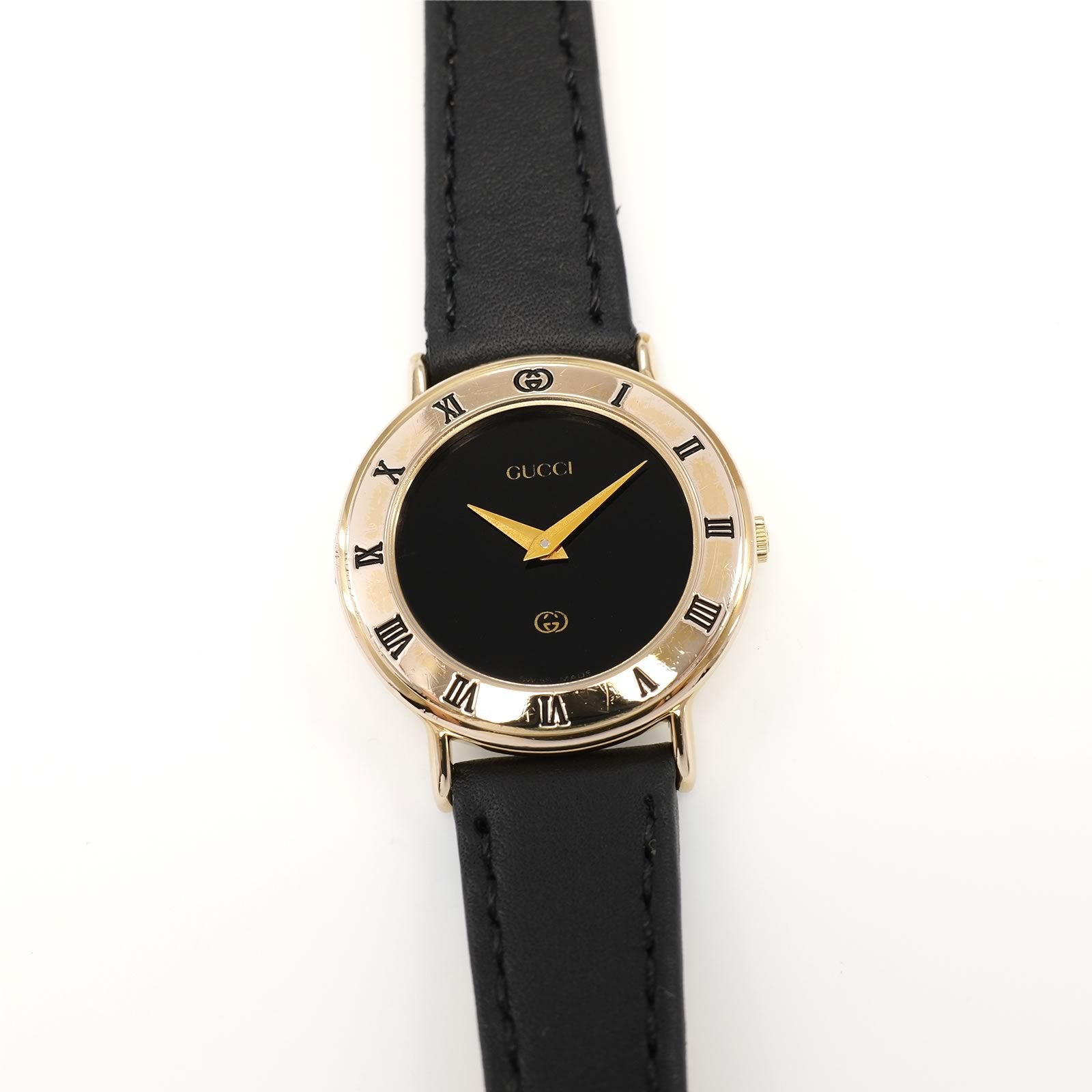 Gucci 3000L Ladies 25mm Black Dial 18k Gold Plated on Black Strap Roman Numerals