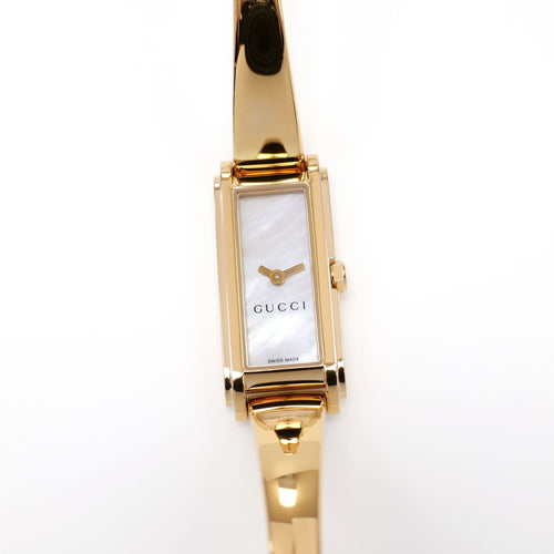 Gucci G-Line 109 Ladies 14mm White Mother of Pearl Dial 18k Gold Bangle YA109525