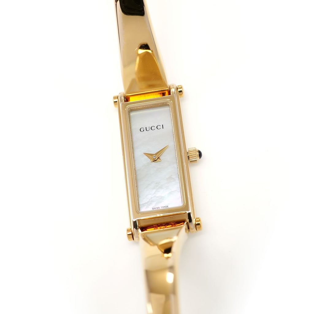 Gucci 1500L Ladies 12mm White Mother of Pearl Dial 18k Gold Plated 16.5cm Bangle