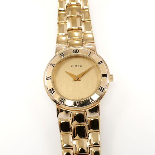 Gucci 3300L Ladies 25mm Champagne Dial 18k Gold Plated 3300.2.L Roman Numerals
