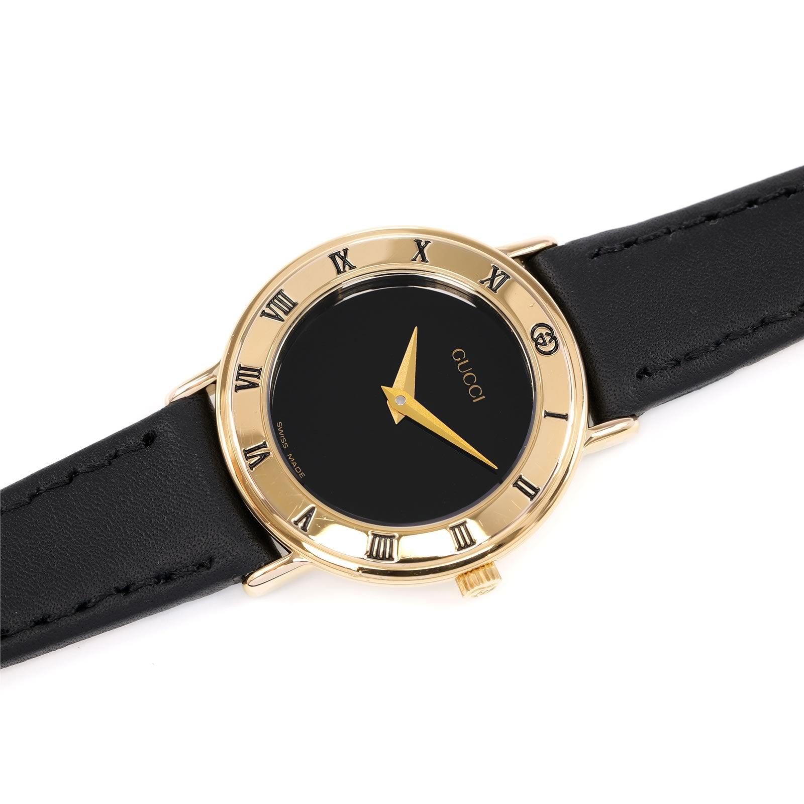Gucci 3000L Black Dial 25mm Ladies 18k Gold Plated Roman Numerals