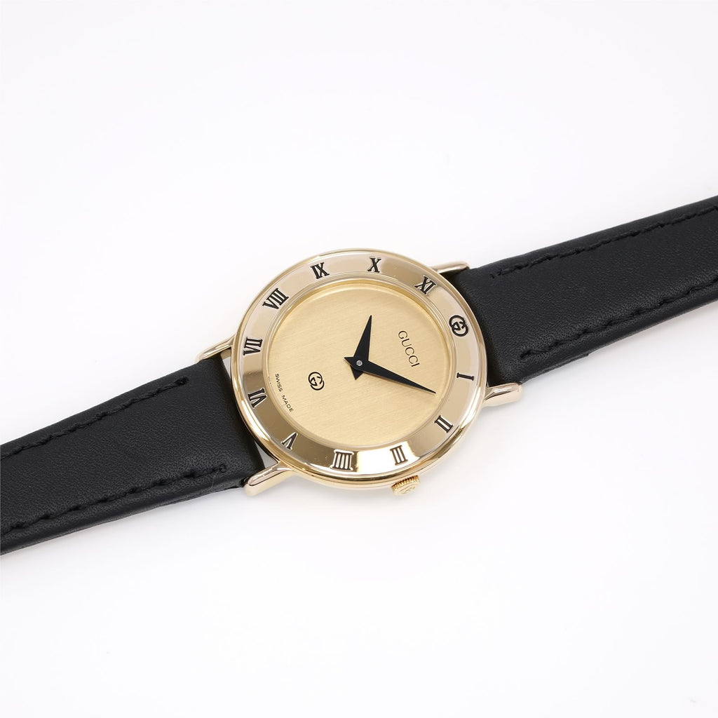 Gucci 3000L Ladies Champagne Dial 18k Gold Plated - Roman Numeral Bezel watch on leather