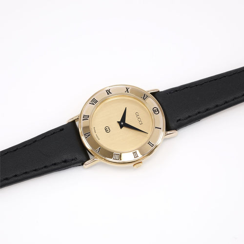 Gucci 3000L Ladies Champagne Dial 18k Gold Plated - Roman Numeral Bezel watch on leather