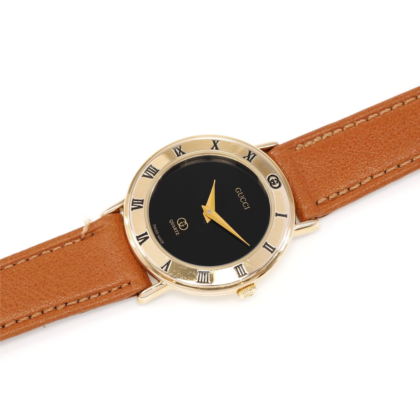 Gucci 3000L Black Dial 18k Gold Plated Roman Numeral bezel