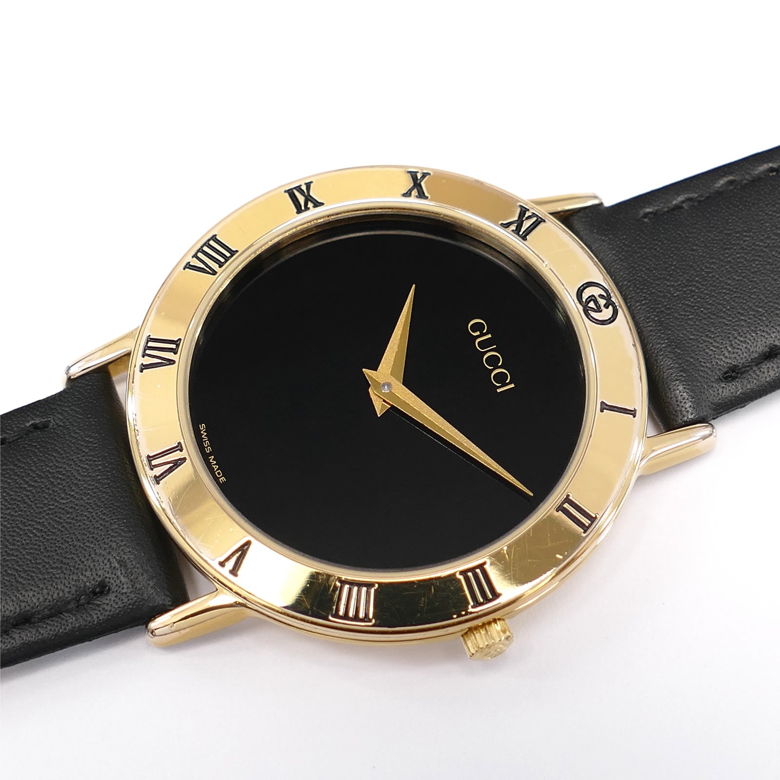 Gucci 3000M Black Dial 18k Gold Plated Roman Numeral Bezel