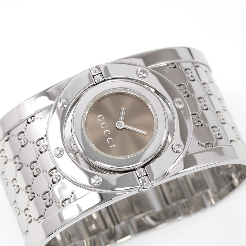 Gucci Twirl Brown Dial Wide Steel Stainless Bangle ladies watch YA112401