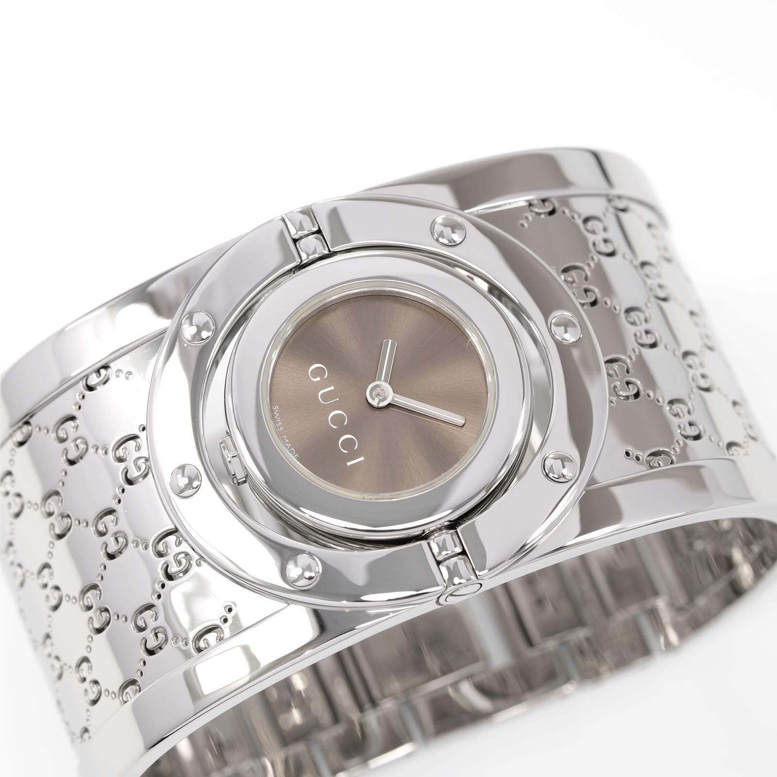 Gucci Twirl Brown Dial Wide Steel Stainless Bangle ladies watch YA112401