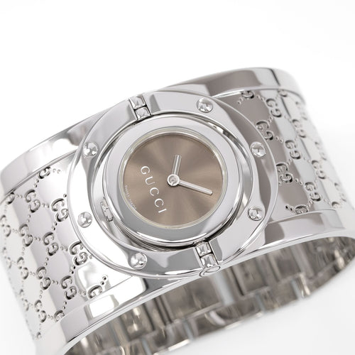 Gucci Twirl Brown Dial Wide Steel Stainless Bangle ladies watch YA112401