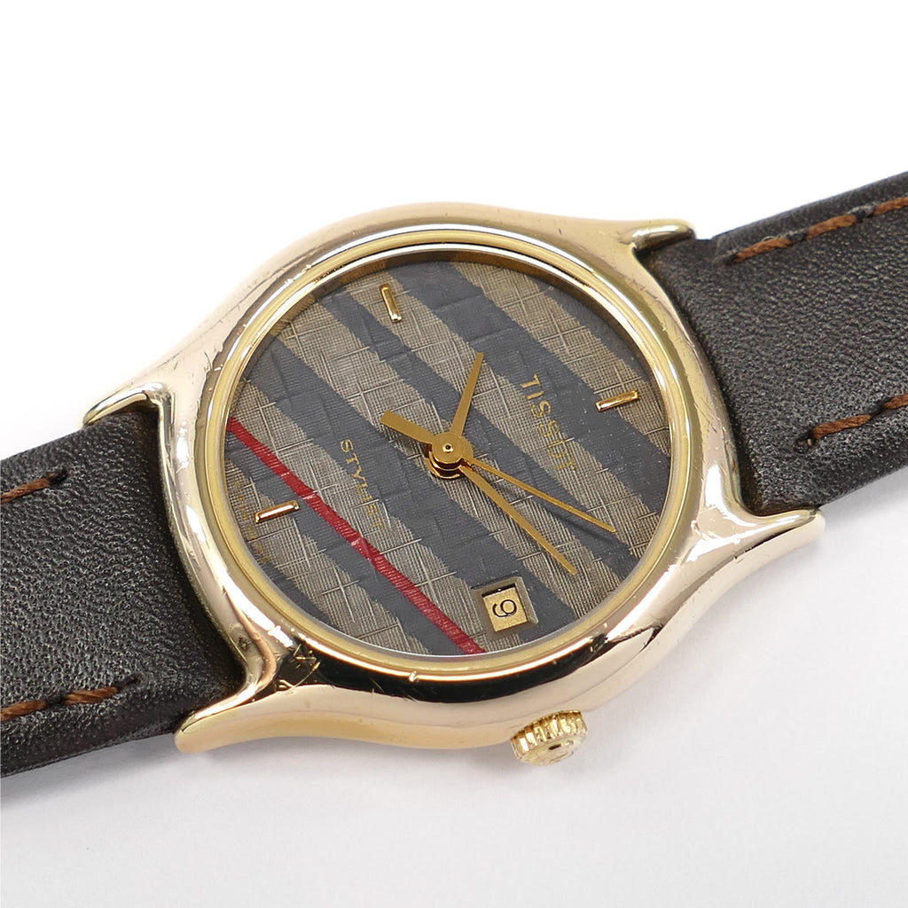 Tissot Stylist F304 Grey / Blue / Red Woven Dial 18k Gold Plated