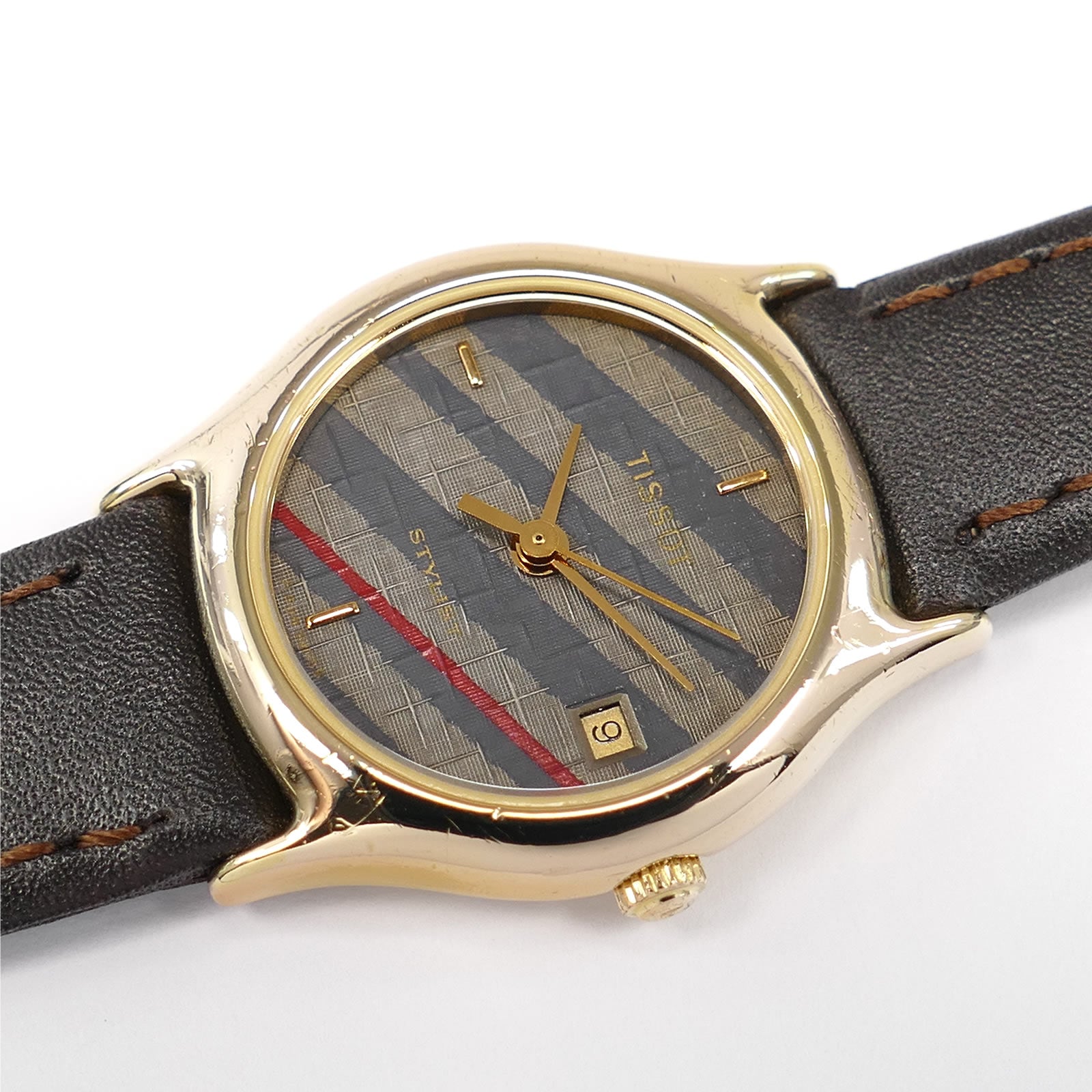 Tissot Stylist F304 Grey / Blue / Red Woven Dial 18k Gold Plated