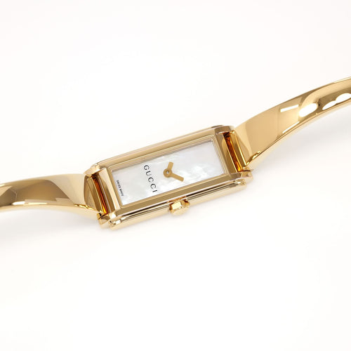 Gucci G-Line White Mother of Pearl Rectangular Dial 18k Gold Plated Bangle ladies watch YA109525