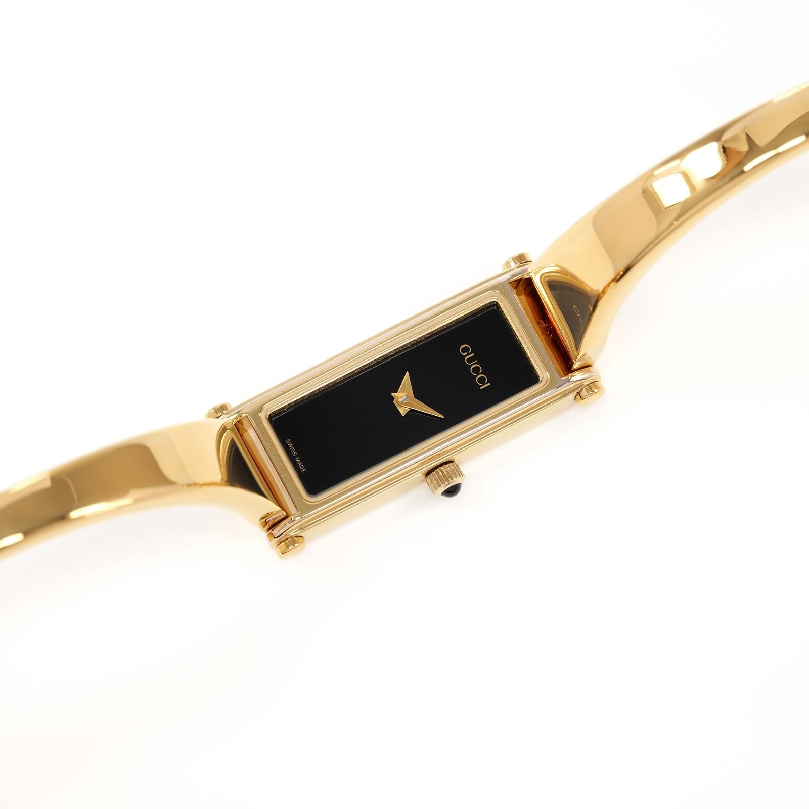 Gucci 1500L Black Dial 18k Gold Plated Bangle Rectangular watch