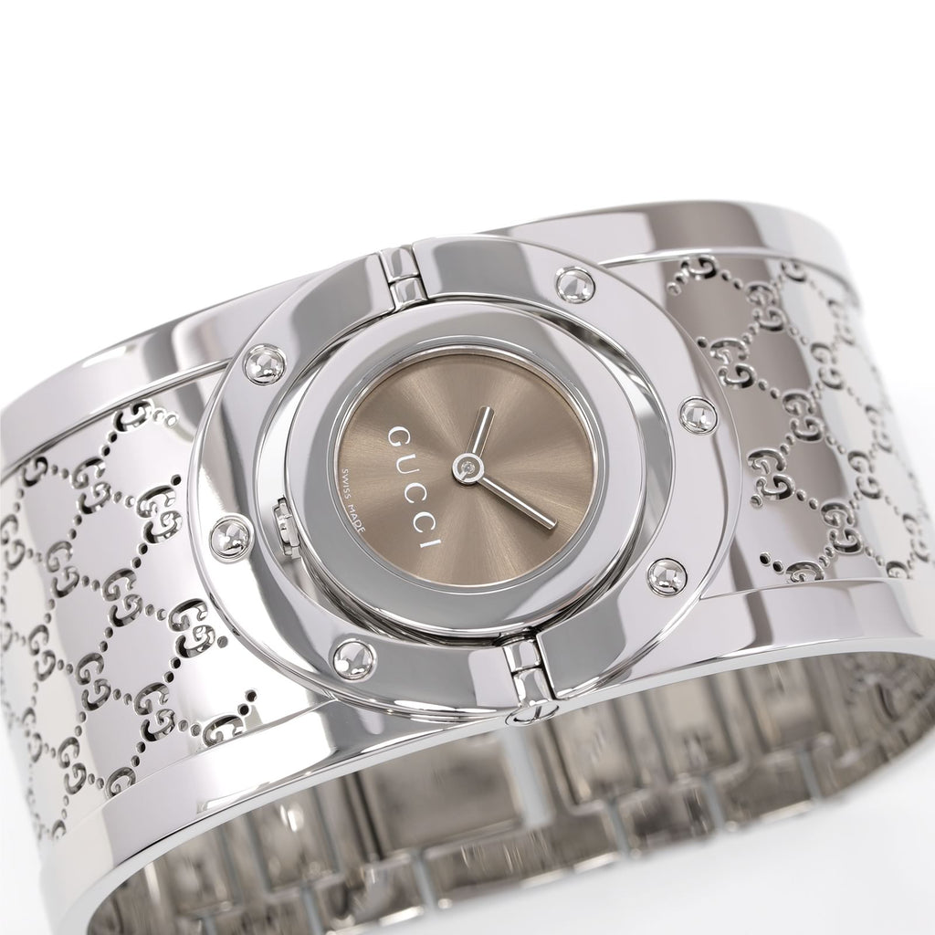 Gucci Twirl Brown Sunburst Dial Rotating Case Bangle watch YA112401