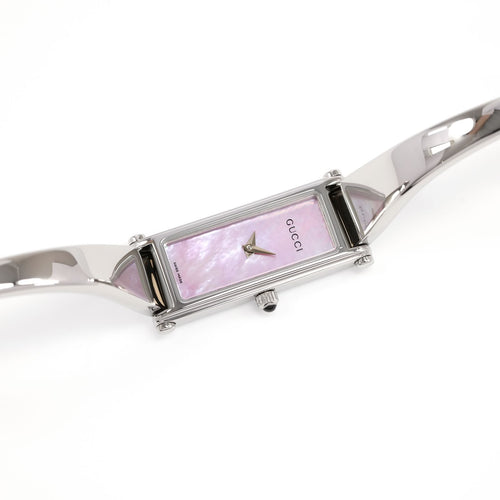 Gucci 1500L Ladies Pink Mother of Pearl Rectangular Dial watch on Stainless Steel Bangle