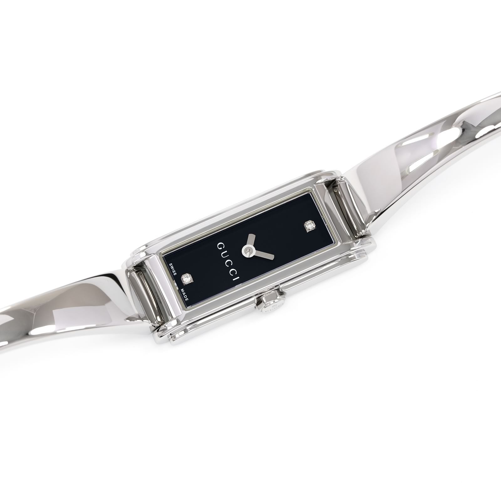 Gucci G-Line Black Dial with 2 Diamonds on stainless steel Bangle YA109518 ladies watch