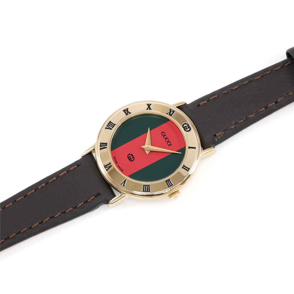 Gucci 3000L Red and Green Dial 18k Gold Plated Roman Numeral Bezel watch