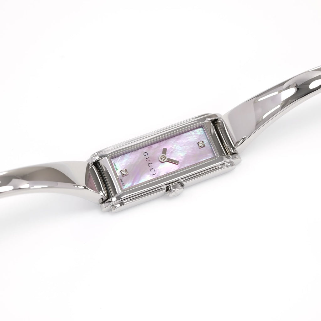 Gucci G-Line 109 Pink Mother of Pearl Rectangular 2 Diamond Bangle Watch YA109520