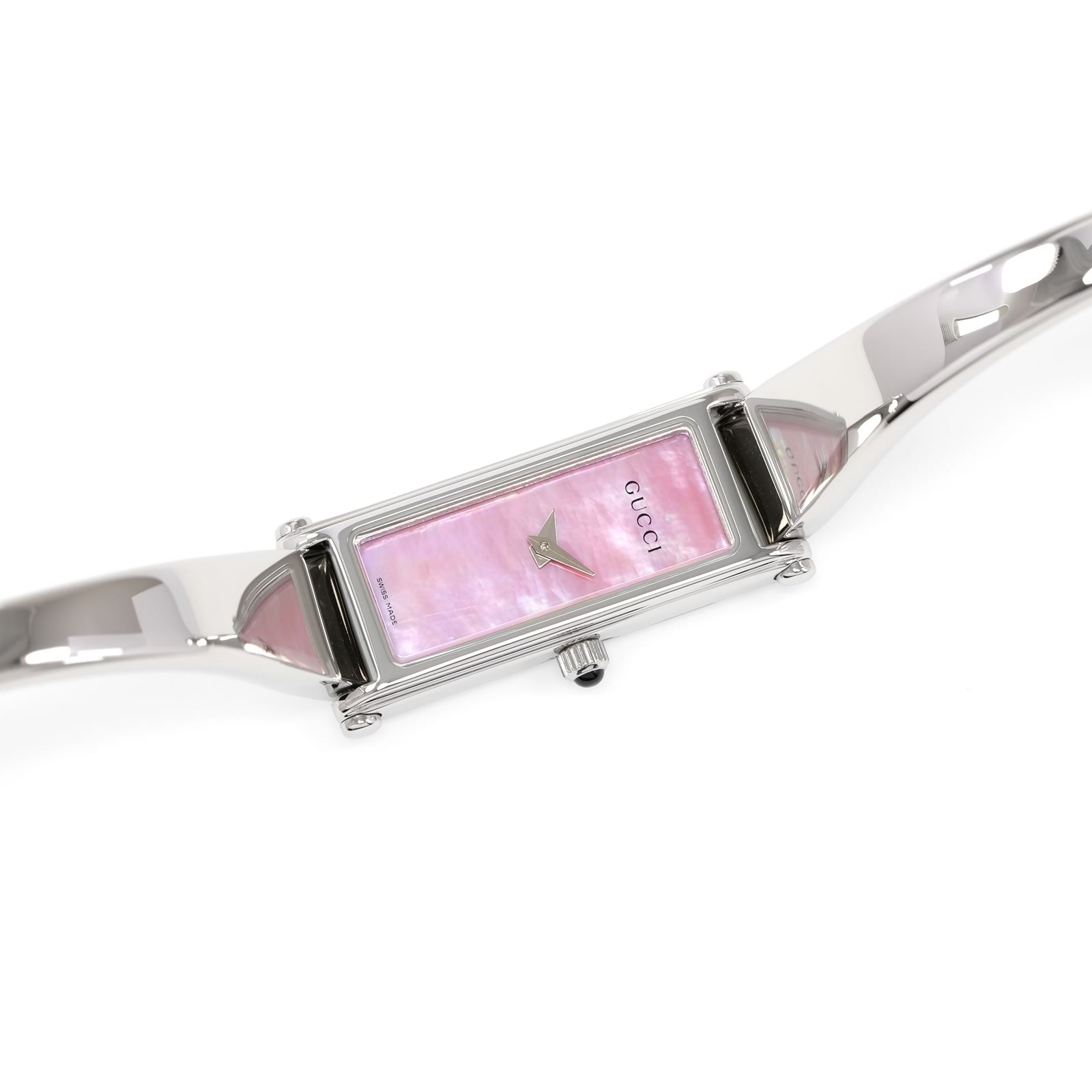 GUCCI 1500Lピンク腕時計 保証書付き Gucci 1500L Ladies 12mm Pink Mother of Pearl Rectangular Bangle