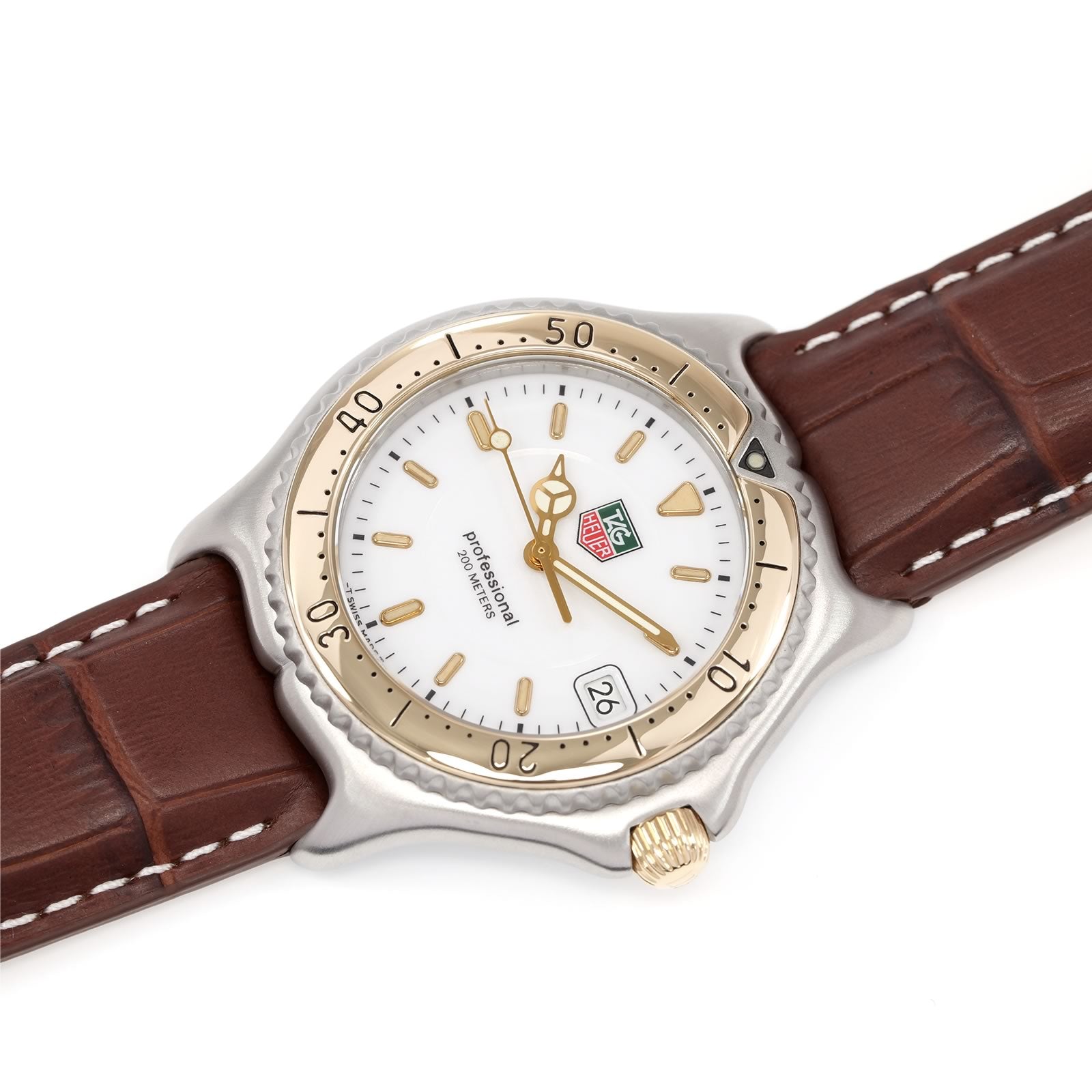 TAG Heuer SEL WI1150 Men's White Dial watch with 18k Gold Bezel on leather