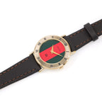 Gucci 3000L Red and Green Dial 18k Gold Plated Roman Numeral Bezel ladies watch on leather