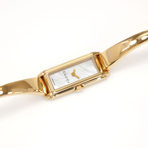 Gucci G-Line White Mother of Pearl Dial 18k Gold Plated Bangle ladies watch YA109525