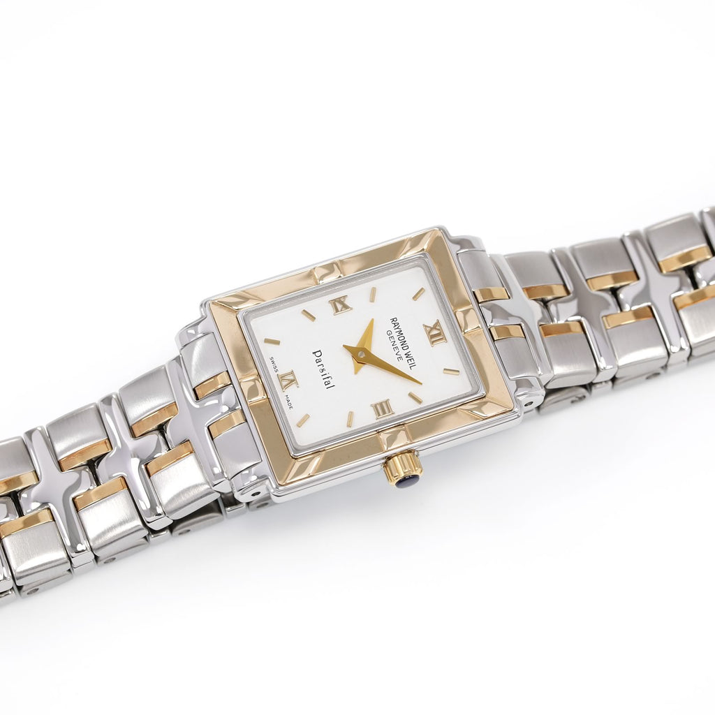 Raymond Weil Parsifal White Dial with 18k Gold ladies rectangular watch 9730-STG-00307
