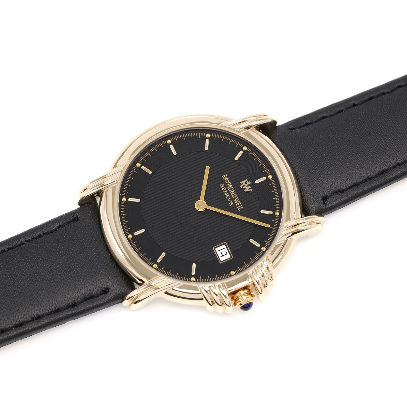 Raymond Weil Geneve 9155 Black Dial 18k Gold Plated men's watch on leather