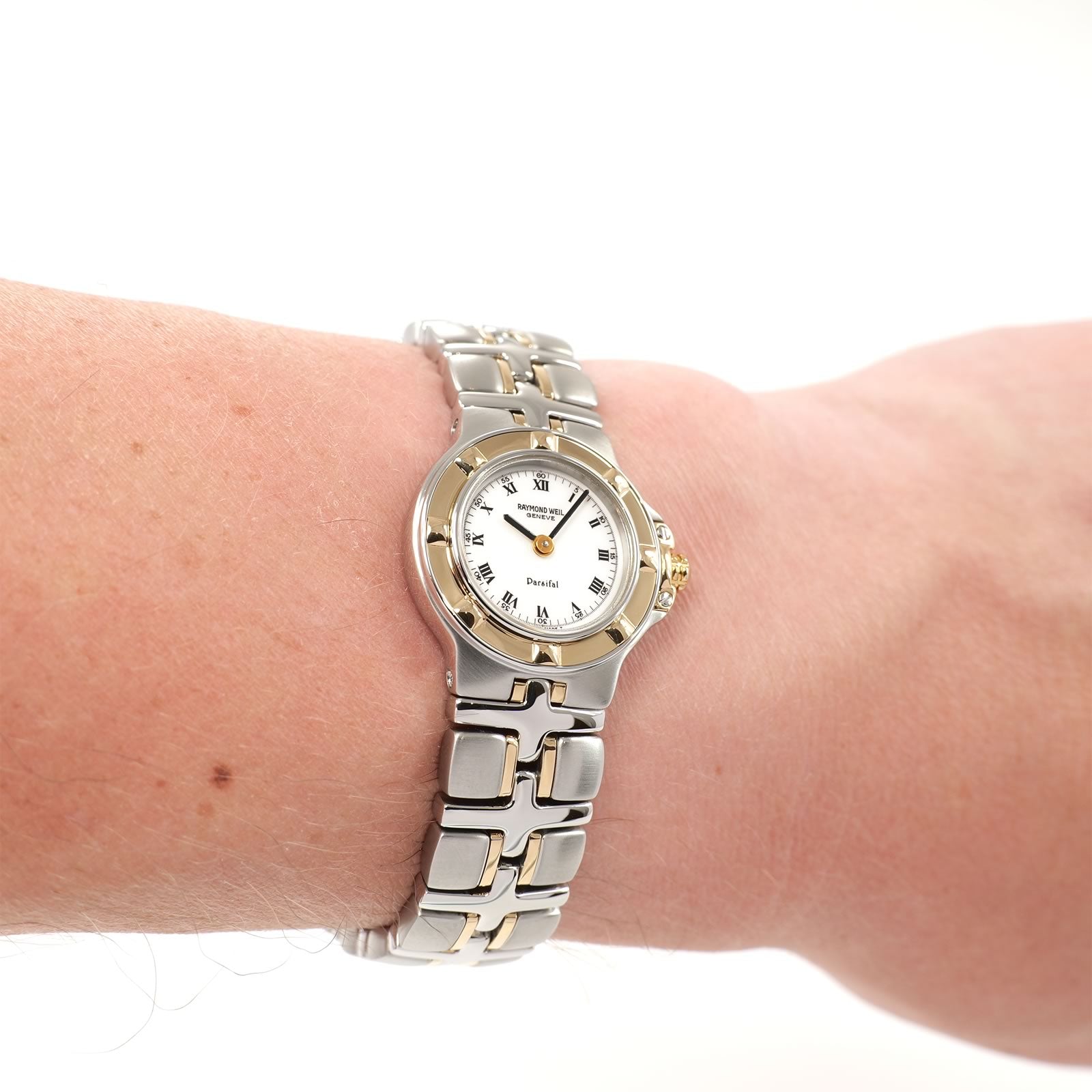 Raymond Weil Parsifal 9690 Ladies White Dial watch with 18k gold on the wrist