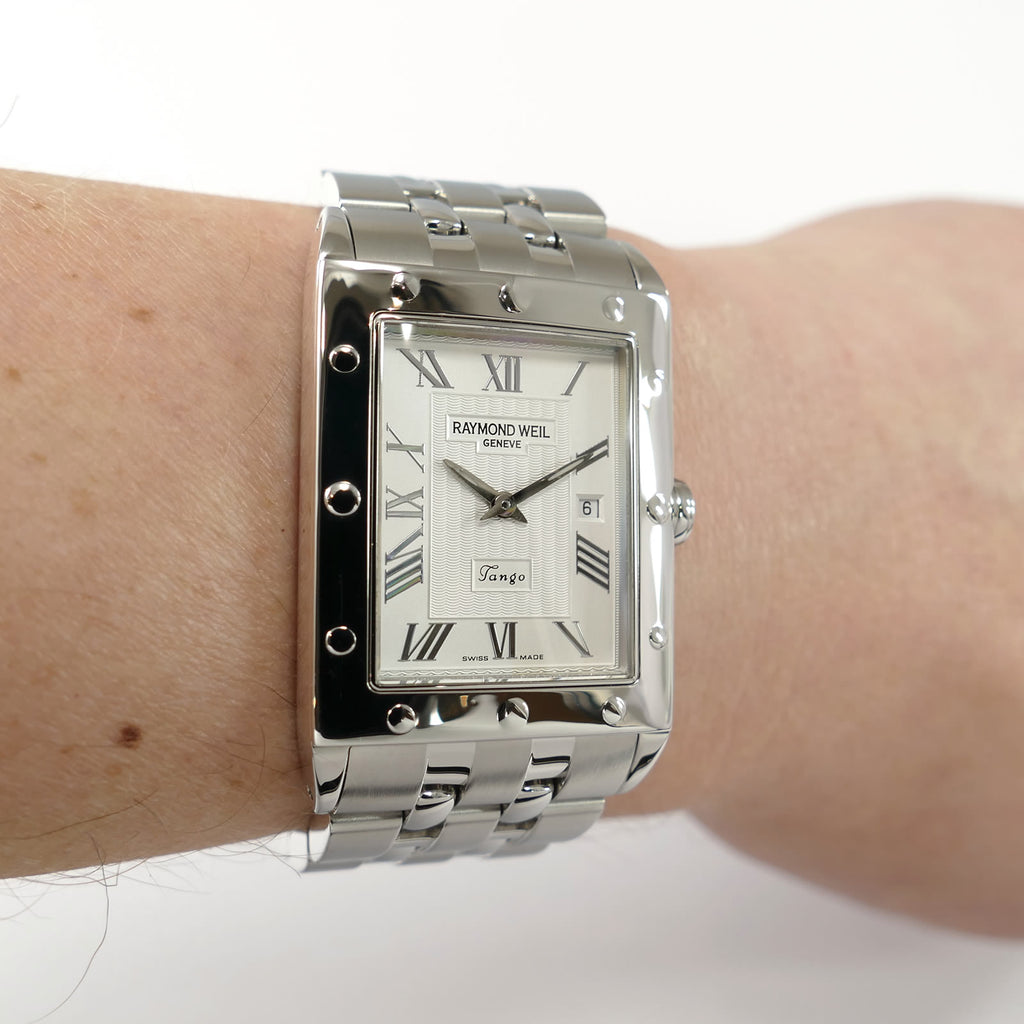 Raymond Weil Tango 5381 Silver Roman Numeral dial on the wrist