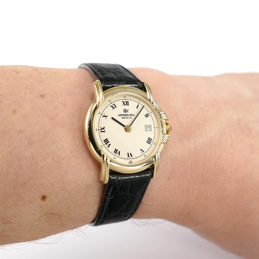 Raymond Weil Vintage 9955 Cream Roman Numeral Dial 18k Gold Plated on the wrist
