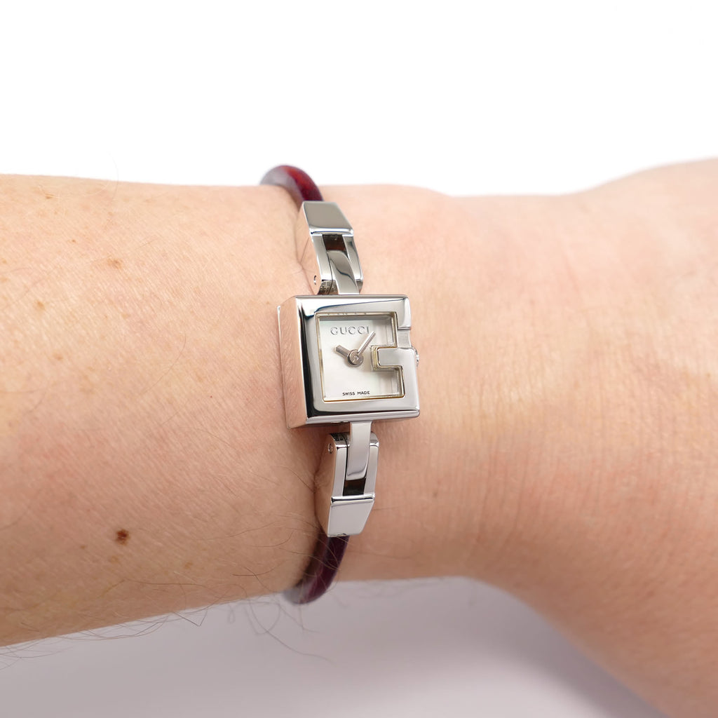Gucci Mini G 102 White Mother of Pearl Red Leather Square on the wrist