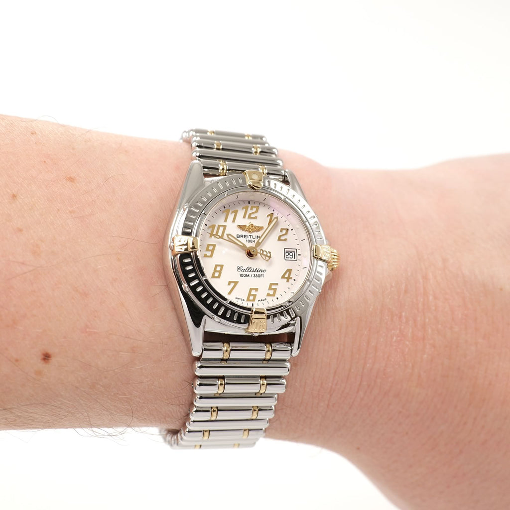 Breitling Callistino B52345 White Arabic Dial watch on the wrist