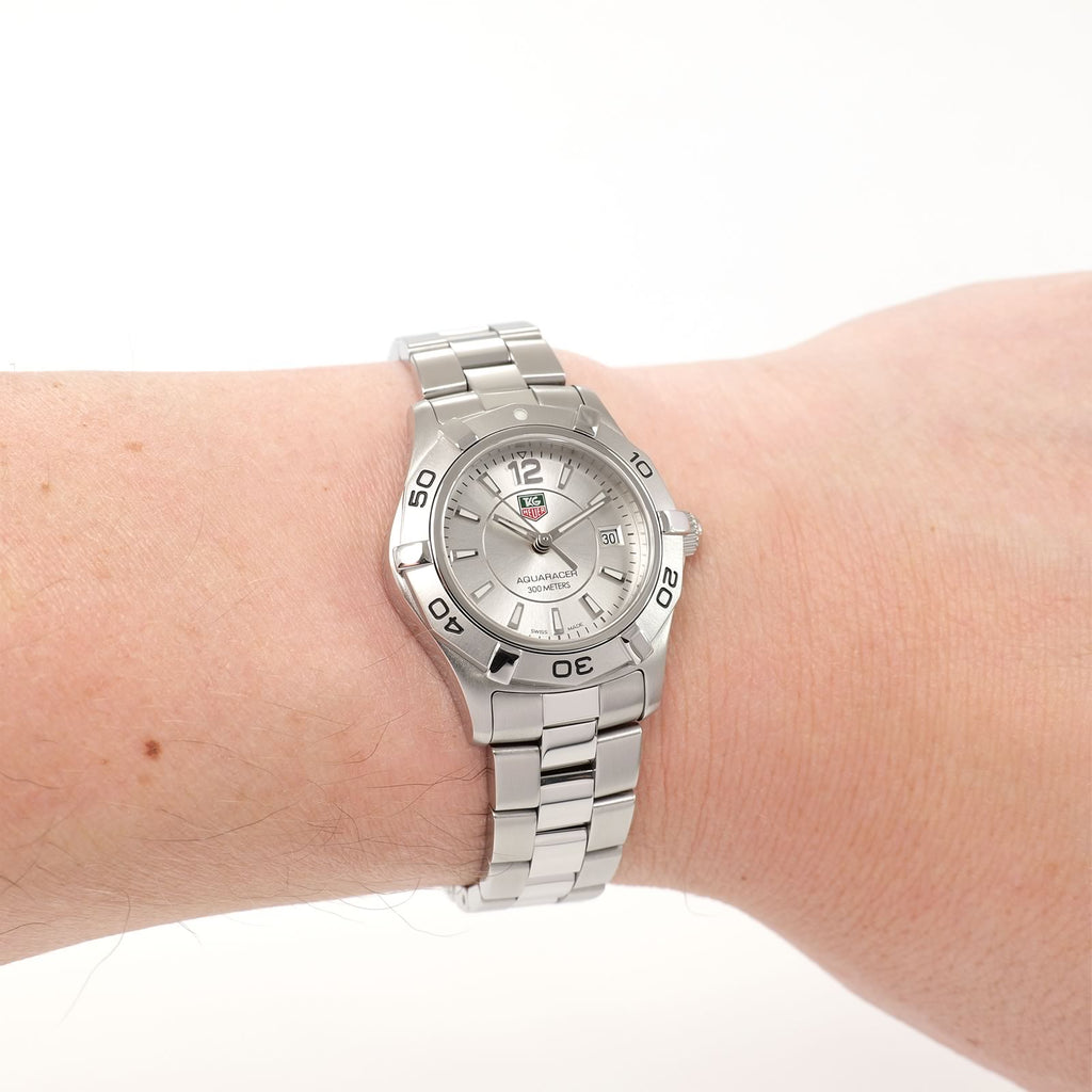 TAG Heuer Aquaracer WAF1412 Silver Sunburst Dial ladies watch on the wrist